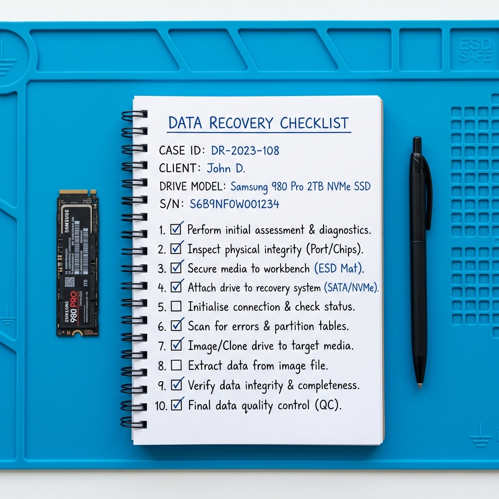 Failing storage device handled carefully with recovery notes and no unnecessary repeat testing.