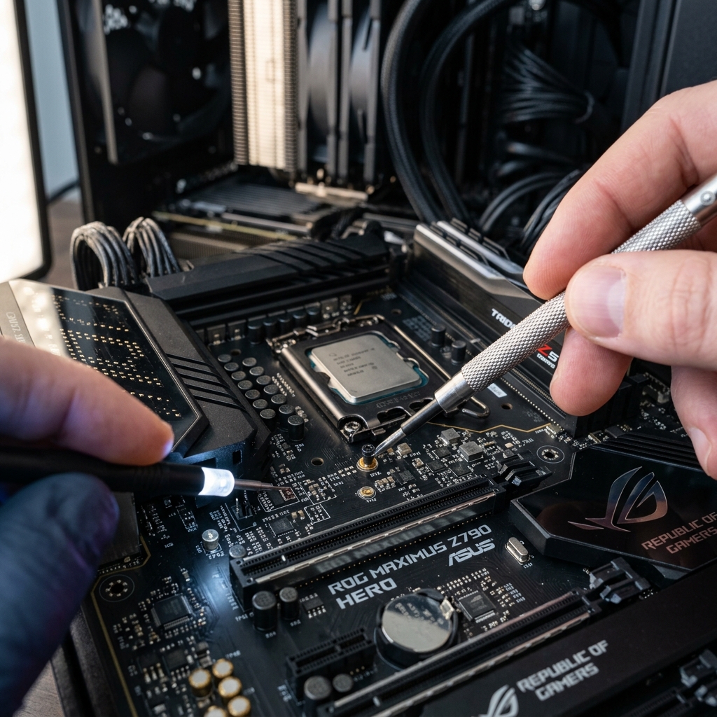 Diagnostic screen and open desktop chassis on a Carlsbad workbench during general computer troubleshooting.