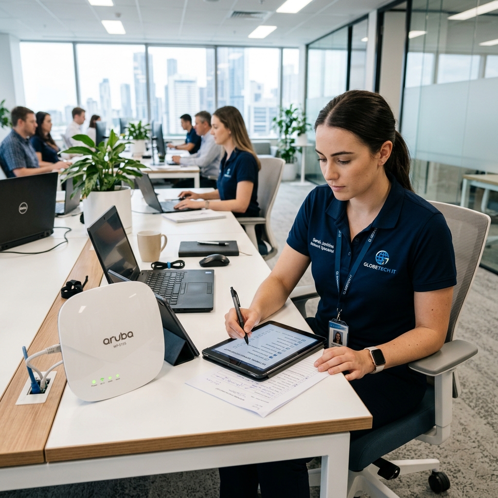 Small-office support checklist covering workstations, printers, Wi-Fi, and employee device needs.