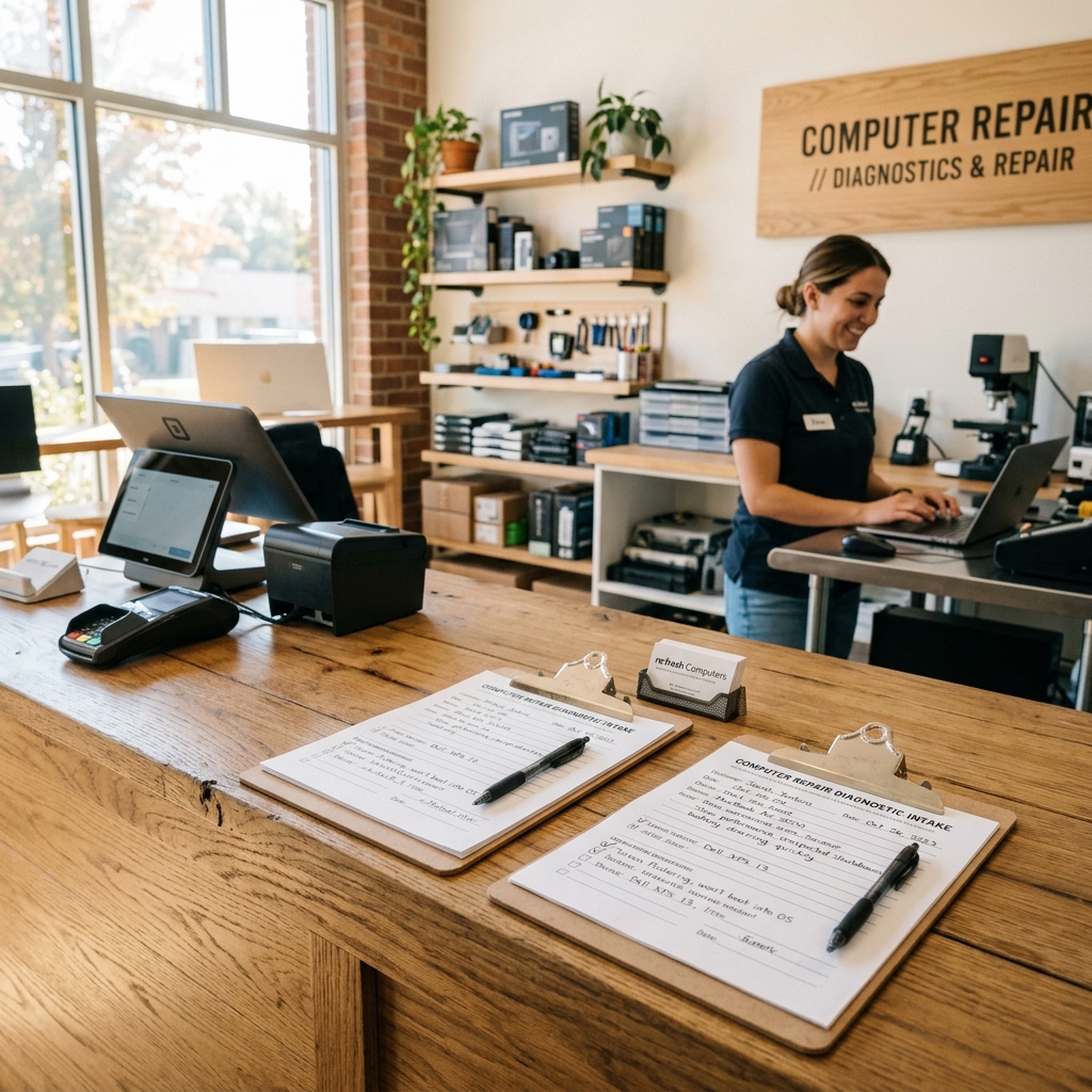 Intake notes next to a computer showing the transition from general diagnosis to a specific repair plan.