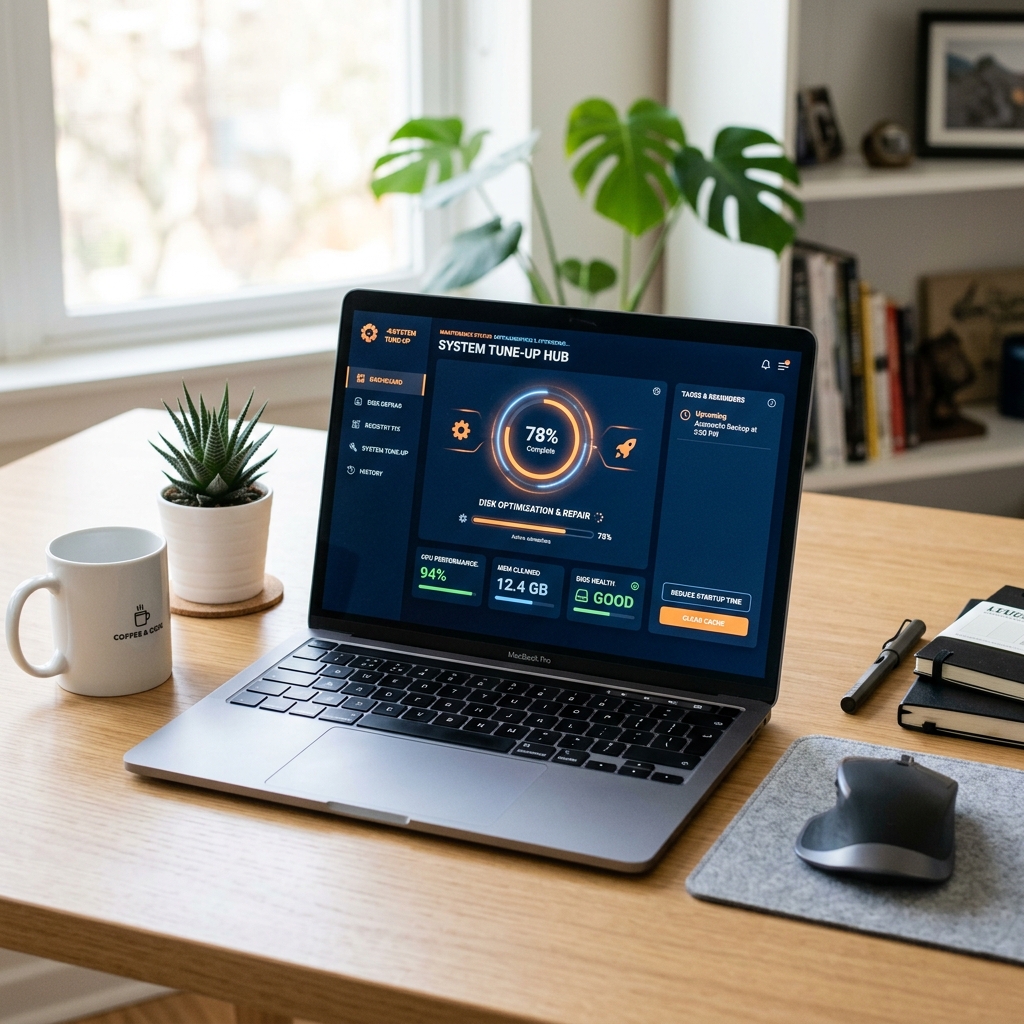 Repair bench setup showing both hardware tools and a computer running software diagnostics.