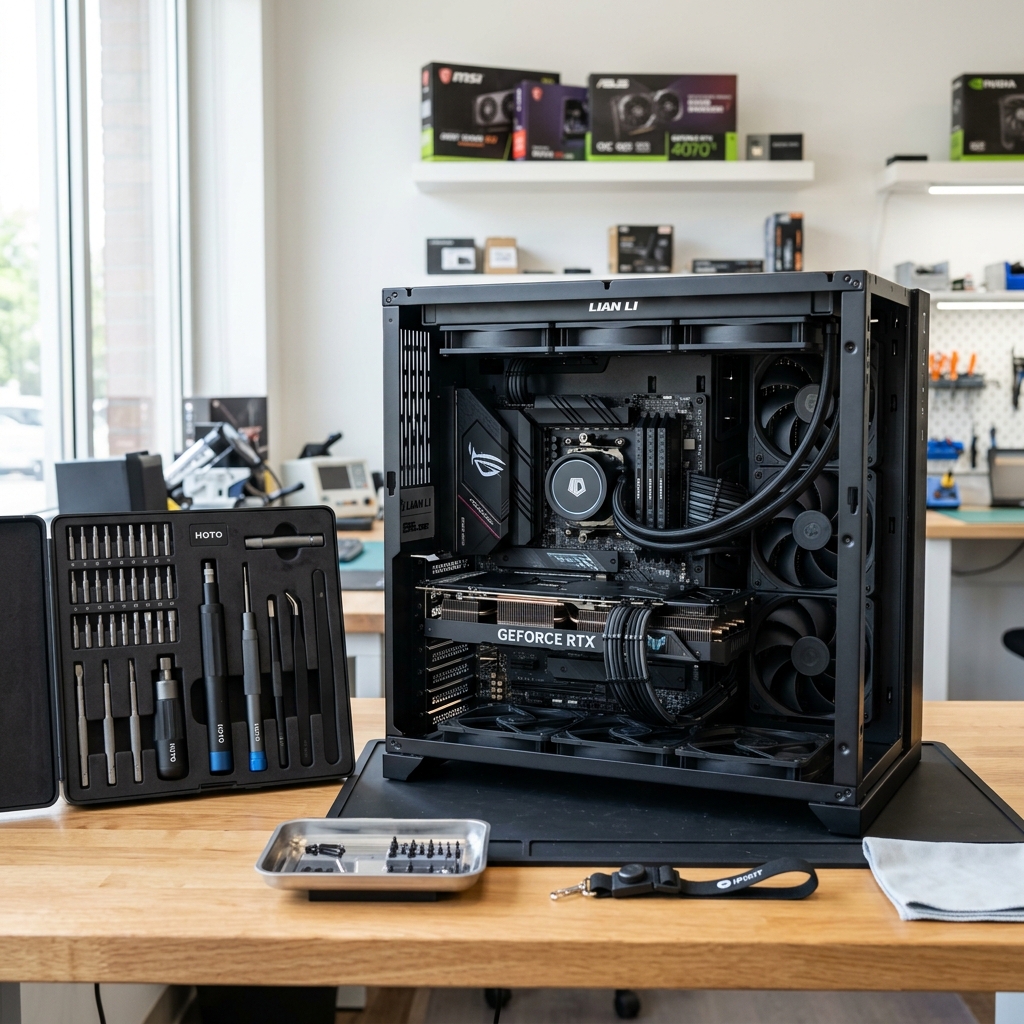 Technician reviewing a mixed stack of desktop components and laptops at the Carlsbad repair bench.