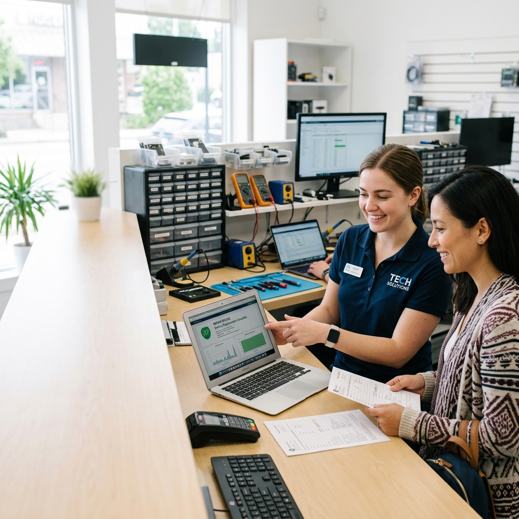 PC Repair Center technician working on a computer at the Carlsbad bench.