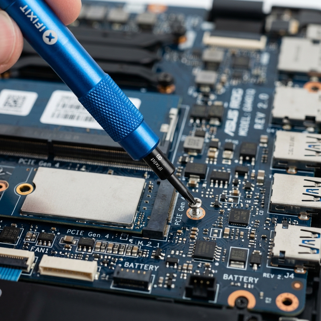 Open laptop and charging components on a clean Carlsbad repair bench during intake diagnosis.