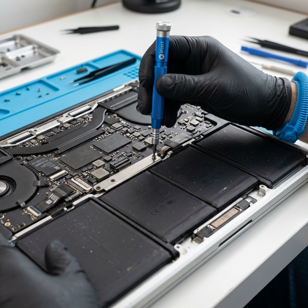 Abstract blue cover for a MacBook performance troubleshooting guide.