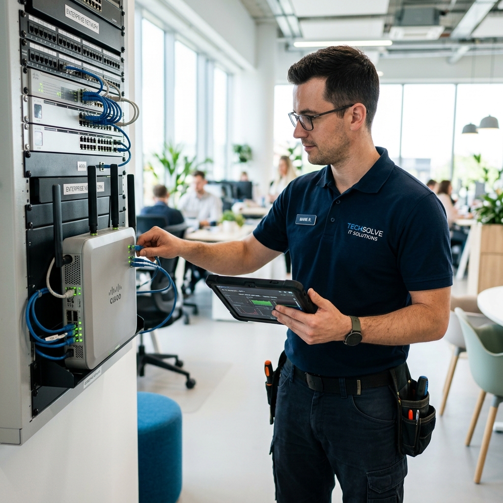 Router, laptop, and network troubleshooting notes laid out for a local Wi-Fi support case in Carlsbad.